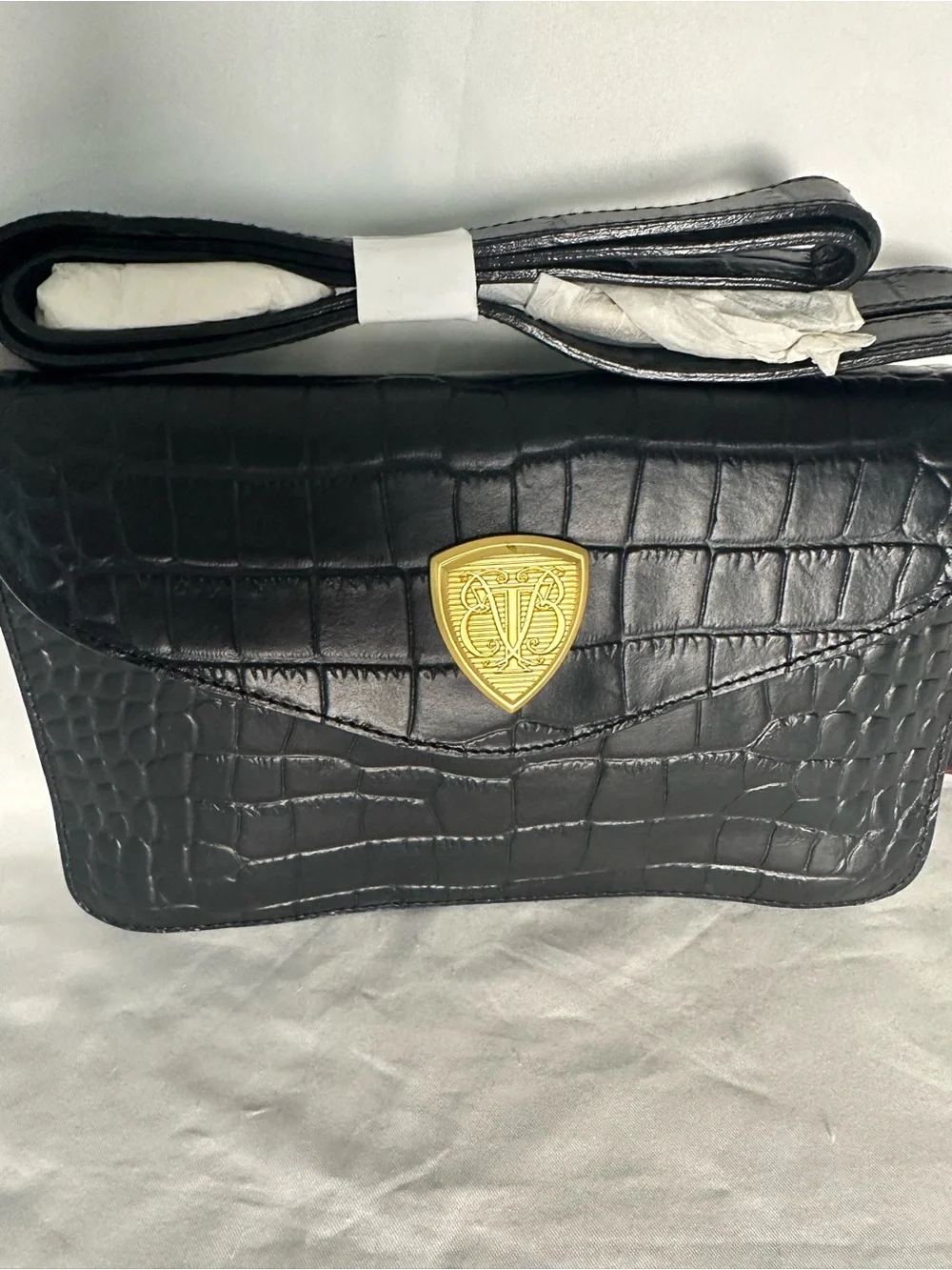 Vintage Blaine Trump Black Croc-Embossed Leather Crossbody Bag NWT